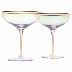 Iridescent Colored Gilded Rim Coupe Glass, 2-Set Large 9oz Rainbow Cocktail & Champagne, Luster Pearl Glasses Vibrant Color Gold Vintage Tumblers, No Stem Margarita, Glassware Gift - The Wine Savant