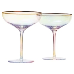 Iridescent Colored Gilded Rim Coupe Glass, 2-Set Large 9oz Rainbow Cocktail & Champagne, Luster Pearl Glasses Vibrant Color Gold Vintage Tumblers, No Stem Margarita, Glassware Gift - The Wine Savant