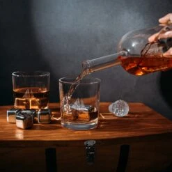 Large Display Whiskey & Wine Decanter With Antique Ship - Handcrafted Wood Barrel Storage - Wine Savant Decanters Gifts Set With 2 Glasses, & Drink Chiller Stones For Your Bar - 16" X 8" X 15" -Refined Spirits Store DYQ06854