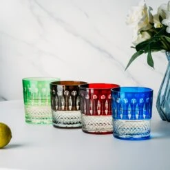 The Wine Savant Crystal Italian Multicolor Design Cups -Set Of 4 Whiskey Glasses 8oz 3.5" H Bohemian Venetian Italian Style Red, Blue, Green, Black Glasses, For Dinner Parties, Bars & Weddings -Refined Spirits Store DYQ07448