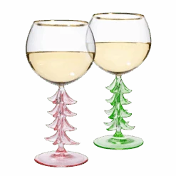 Crystal Christmas Holiday Tree Stemmed Wine Glass - Pink & Green - 12oz Goblet Bordeaux Gold Rim Colored Glassware, Cheerful Party Festive New Years Cheer For Holiday Gift Xmas & Winter Season