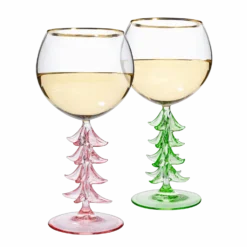 Crystal Christmas Holiday Tree Stemmed Wine Glass - Pink & Green - 12oz Goblet Bordeaux Gold Rim Colored Glassware, Cheerful Party Festive New Years Cheer For Holiday Gift Xmas & Winter Season