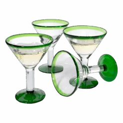 Mexican Hand Blown Martini & Margarita Glasses - Green Rim Detailed - Set Of 4-10oz - Carmen Cinco De Mayo - Luxury Mexican Glassware Thick, Juice & Cocktail For Holidays & Celebration Confetti