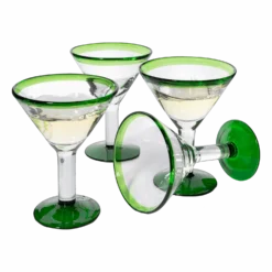 Mexican Hand Blown Martini & Margarita Glasses - Green Rim Detailed - Set Of 4-10oz - Carmen Cinco De Mayo - Luxury Mexican Glassware Thick, Juice & Cocktail For Holidays & Celebration Confetti