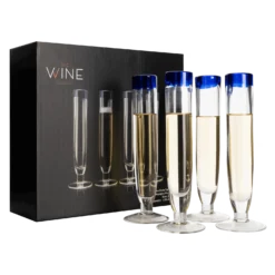 Tall Recycled Champagne Flutes - Set Of 4 - Mexican Hand Blown Cobalt Blue Rim Flute – Luxury Mexican Thick Glassware 7oz, Juice & Cocktail Drinking Glass Holiday Celebration, Weddings, Anniversary