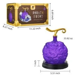 Fruit Whiskey & Wine Decanter, 34 OZ Anime Pirate Devil Colored Barware - Anime Merch, Purple Gold Fruit, One Decanter And Beautiful Mahogany Wood Base Piece Holder Liquor, Scotch, Rum, Bourbon -Refined Spirits Store DevilFruitDecanterdim 1