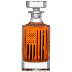 Firefighter Tactical Red Tattered American Flag Whiskey Decanter Gift Set | 730mL Decanter 2 Whiskey Glass | First Responder Gift For Fire Fighter, Red Rights, 2nd Amendment Gifts, FD Men, Dad, Him -Refined Spirits Store FirefighterDecanterSet2 1
