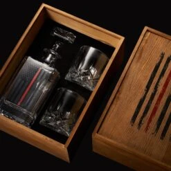 Firefighter Tactical Red Tattered American Flag Whiskey Decanter Gift Set | 730mL Decanter 2 Whiskey Glass | First Responder Gift For Fire Fighter, Red Rights, 2nd Amendment Gifts, FD Men, Dad, Him -Refined Spirits Store FirefighterDecanterSet3 1