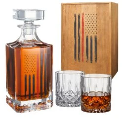 Firefighter Tactical Red Tattered American Flag Whiskey Decanter Gift Set | 730mL Decanter 2 Whiskey Glass | First Responder Gift For Fire Fighter, Red Rights, 2nd Amendment Gifts, FD Men, Dad, Him