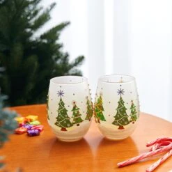 Christmas Tree Holiday Themed Wine & Water Glasses - Set Of 2 - Shining Red Green Yellow Silver, Holidays Parties Santa Gifts Glassware - Xmas Trees - 17.5oz - New Years Eve Festive Glass - Stemless -Refined Spirits Store G230979 StemlessWine FrostedChristmasTree SnowSetof22 1