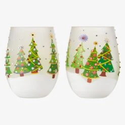 Christmas Tree Holiday Themed Wine & Water Glasses - Set Of 2 - Shining Red Green Yellow Silver, Holidays Parties Santa Gifts Glassware - Xmas Trees - 17.5oz - New Years Eve Festive Glass - Stemless