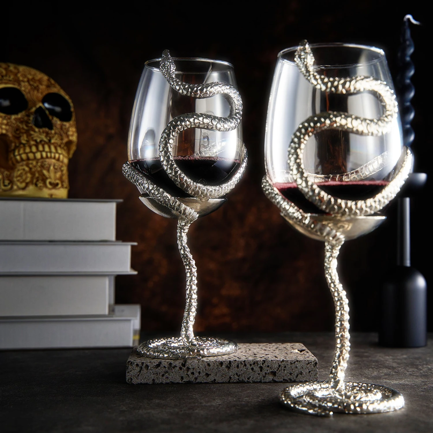 Stemmed Snake Wine Glass | Set Of 2 | 19oz Spooky Reptile Glasses 10" H, Goth Gifts, Skeleton Gifts, Skeleton Decor, Spooky Wine Gift Set, Perfect For Themed Parties (Silver) 3 Stemmed Snake Wine Glass | Set Of 2 | 19oz Spooky Reptile Glasses 10" H, Goth Gifts, Skeleton Gifts, Skeleton Decor, Spooky Wine Gift Set, Perfect For Themed Parties (Silver) - Image 3