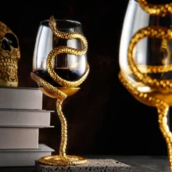Stemmed Snake Wine Glass | Set Of 2 | 19oz Spooky Reptile Glasses 10" H, Goth Gifts, Skeleton Gifts, Skeleton Decor, Spooky Wine Gift Set, Perfect For Themed Parties (Gold) -Refined Spirits Store GG0445 2 goldsnakewinesetof2Newlifestyle