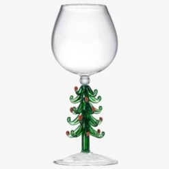 Crystal Christmas Holiday Tree Stemmed Wine Glass - Green - 10 Oz Goblet Bordeaux Red & Forest Colored Glassware, Cheerful Party Festive New Years Cheer For Holiday Gift Xmas & Winter Season