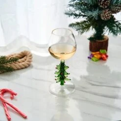 Crystal Christmas Holiday Tree Stemmed Wine Glass - Green - 10 Oz Goblet Bordeaux Red & Forest Colored Glassware, Cheerful Party Festive New Years Cheer For Holiday Gift Xmas & Winter Season -Refined Spirits Store GG0901 003 GreenchristmastreestemmedwineSINGLElifestyle1