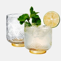 Gatsby Tumbler Drinking Glass | Set Of 2 | Vintage Cocktail Crystal Drinking Glasses Art Deco Gold Plated Tumblers For Water, Juice, Whiskey, Curved Arch Vintage Patterned Design 13oz Glassware -Refined Spirits Store Gatsbylowballpatternglass goldbottomsetof23 3