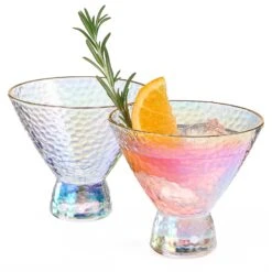 Iridescent Lustered Stemless Martini Glasses Set Of 2 - Hammered Cocktail & Martini Glasses - Luxury Gift Box - Gold Rim 8oz Colorful Stemless Glassware - Weddings, Anniversary, Christmas, Barware -Refined Spirits Store GoldRimIridescentHammeredstemlessmartiniSetof23