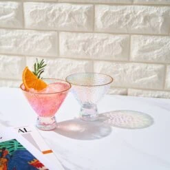 Iridescent Lustered Stemless Martini Glasses Set Of 2 - Hammered Cocktail & Martini Glasses - Luxury Gift Box - Gold Rim 8oz Colorful Stemless Glassware - Weddings, Anniversary, Christmas, Barware -Refined Spirits Store GoldRimIridescentHammeredstemlessmartiniSetof2lifestyle