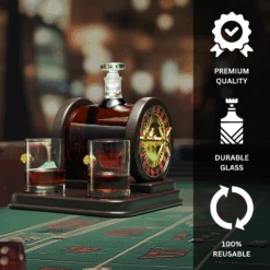 Casino Roulette Whiskey Decanter For Men, Husband, Him | 67.6 OZ Decanter With 2 X 10oz Dice Whiskey Glasses | Gold & Wood Gambling Slot Gift For Bourbon, Scotch, Liquor, Gifts For Dad, Guy, Christmas -Refined Spirits Store Infographics e51c1bc9 4b61 4352 a208 3a8f45a570f9