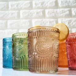 Colored Vintage Drinking Glasses Set | Set Of 6 | Tumbler Hobnail 10 OZ Muted Bubble Design Whiskey Glassware, Old-Fashioned, Embossed Design Glass For Water, Wine, Cocktail HAND WASH ONLY -Refined Spirits Store L0095 16 Muteduniquedesignhighballwaterglassessetof6lifestyle1