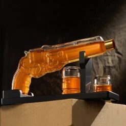 Whiskey Decanter Set 7.7 Oz With Two 1.6 Oz Shot Glasses | Pistol Gun Unique Birthday Gift Ideas For Son, Gifts For Men Dad, Home Bar Gifts, Drinking Accessories Funny Military Present Cool Dispenser -Refined Spirits Store LongDecanterwithShotGlasses2 2