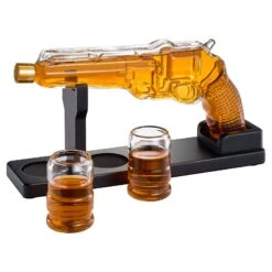 Whiskey Decanter Set 7.7 Oz With Two 1.6 Oz Shot Glasses | Pistol Gun Unique Birthday Gift Ideas For Son, Gifts For Men Dad, Home Bar Gifts, Drinking Accessories Funny Military Present Cool Dispenser -Refined Spirits Store LongDecanterwithShotGlasses5 2