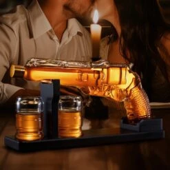 Whiskey Decanter Set 7.7 Oz With Two 1.6 Oz Shot Glasses | Pistol Gun Unique Birthday Gift Ideas For Son, Gifts For Men Dad, Home Bar Gifts, Drinking Accessories Funny Military Present Cool Dispenser -Refined Spirits Store LongDecanterwithShotGlasses7 2