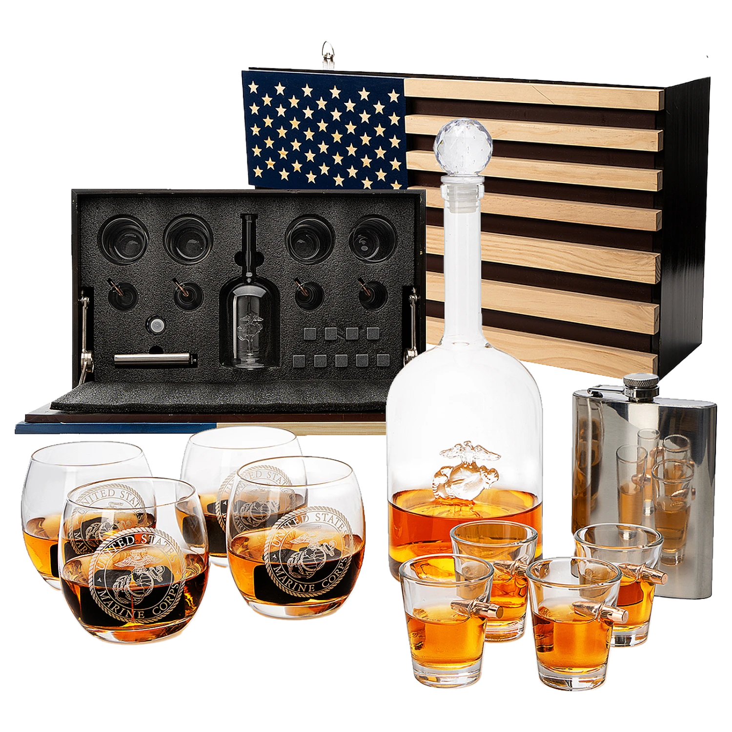 Marine Big Box Wall Decor Murphy With Decanter, 4 Whiskey Glasses, 4 Shot Glasses, Marine Flask, Marine Gifts 1 Marine Big Box Wall Decor Murphy With Decanter, 4 Whiskey Glasses, 4 Shot Glasses, Marine Flask, Marine Gifts
