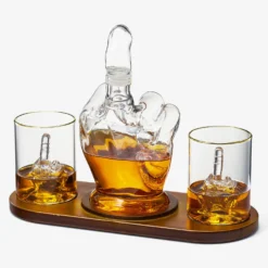 The Wine Savant Middle Finger Decanter Novelty Whiskey & Wine Decanter Set, Mahogany Wood, Funny Gift For That Someone You Love! Middle Finger Gift For Adults, Flip Off Gift, Funny Gifts, Gag Gift -Refined Spirits Store NEWMiddlefingerdecanterwithmiddlefingerglasses base 1
