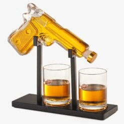 Pistol Whiskey Decanter Set 7.7 Oz With Two 10.5 Oz Glasses