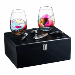 Painted STEMMLESS Wine Glass Box Set - Opener, Stopper, Drip Ring, Wine Pourer - 2 Glasses