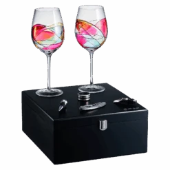 Painted STEMMED Wine Glass Box Set - Opener, Stopper, Drip Ring, Wine Pourer - 2 Glasses