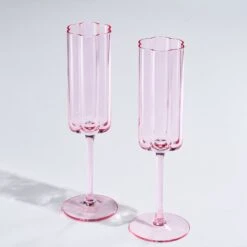 Flower Vintage Champagne Flute Glassware - Set Of 2 - 7.4 Oz Colorful Cocktail, Martini & Champagne Glasses, Prosecco, Mimosa Glasses Set, Cocktail Glass, Bar Glassware Luster Glasses 9" X 2" (Pink)