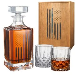 Police Tactical Blue Tattered American Flag Whiskey Decanter Gift Set | 730mL Decanter 2 Whiskey Glass | Law Enforcement Gift For Police Officer, Blue Rights, 2nd Amendment Gifts, PD Men, Dad, Him