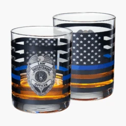 Police Whiskey Glasses | Set Of 2 | 12 OZ Old Fashioned Liquor Glasses, American Flag Blue Line Fire Fighter Glass - Show Support For Police Lives Matter, Policemen Gifts For Him, Dad, Boyfriend
