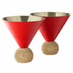 The Wine Savant Diamond Studded Martini Glasses Set Of 2 Matte Red & Gold Modern Cocktail Glass, Rhinestone Diamonds With Stemless Crystal Ball Base, Bar Or Party 10.5oz, Swarovski Style Crystals