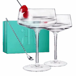 Luxury Martini Glass Set Of 2 | 10oz | Crystal Luxury Martini With Silver Spoon, Premium Hand-Blown | Classic Cocktail & Champagne Clear Coupes For Manhattan, Cosmopolitan, Sidecar, Speakeasy Goblets