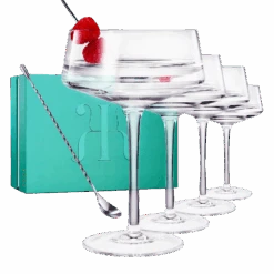 Luxury Martini Glass Set Of 4 | 10oz | Crystal Luxury Martini With Silver Spoon, Premium Hand-Blown | Classic Cocktail & Champagne Clear Coupes For Manhattan, Cosmopolitan, Sidecar, Speakeasy Goblets
