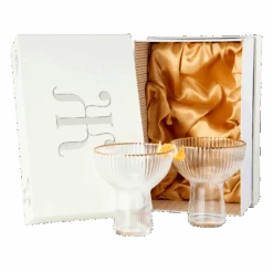 Ribbed Stemless Margarita, Martini & Champagne Glasses With Gold Rim - Set Of 2 - Hand Blown Cocktail Luxury Coupe – Large Party, Elegant Ripple Design, Gilded, Premium Hand Blown Glassware (10 OZ)