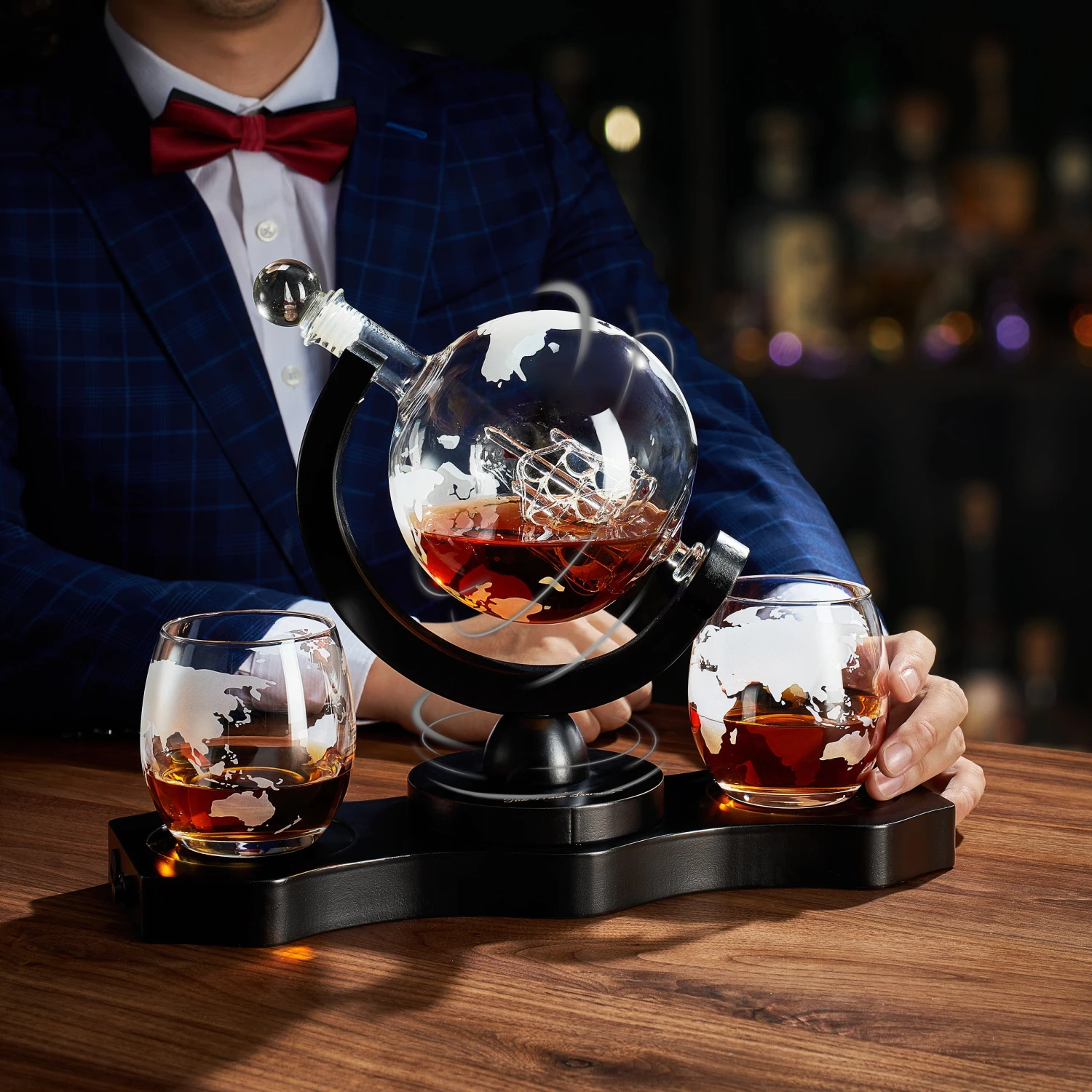 Rotating Whiskey Decanter Globe Set With 2 10OZ Etched Whiskey Glasses | 29 OZ | Moving Interactive World Globe, Gifts For Men Dad, Anniversary For Liquor Scotch Bourbon - Batteries NOT Included 2 Rotating Whiskey Decanter Globe Set With 2 10OZ Etched Whiskey Glasses | 29 OZ | Moving Interactive World Globe, Gifts For Men Dad, Anniversary For Liquor Scotch Bourbon - Batteries NOT Included - Image 2