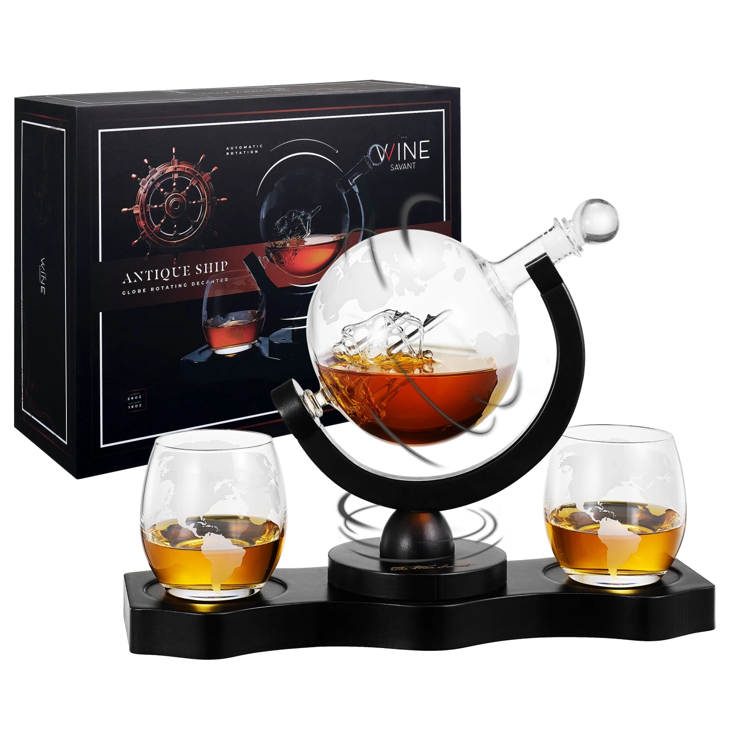 Rotating Whiskey Decanter Globe Set With 2 10OZ Etched Whiskey Glasses | 29 OZ | Moving Interactive World Globe, Gifts For Men Dad, Anniversary For Liquor Scotch Bourbon - Batteries NOT Included 1 Rotating Whiskey Decanter Globe Set With 2 10OZ Etched Whiskey Glasses | 29 OZ | Moving Interactive World Globe, Gifts For Men Dad, Anniversary For Liquor Scotch Bourbon - Batteries NOT Included