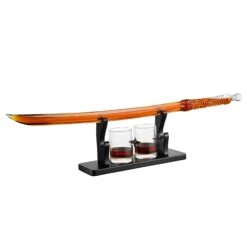 Samurai Sword Large Whiskey & Wine Decanter - 13.5OZ Liquor With 2 Ninja Star 10oz Glasses - Scotch, Bourbon, Barware Gifts For Japanese Katana, Kendo, Iaido, Kenjutsu, Sake Anime Decor, Gift For Men