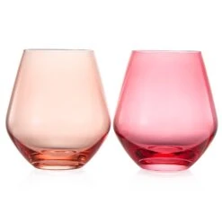 Coral & Fuchsia Colored Wine Glassware | Set Of 2 | Large 16 Oz Stemless Glasses, Coral Peach Pink Italian Style - Valentines Day Wine, Water, Margarita Glasses, Tumbler Beautiful Hand-Blown Glass -Refined Spirits Store StemlessNewColorscoralandfuchsia 1