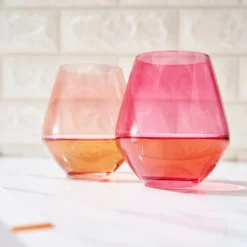 Coral & Fuchsia Colored Wine Glassware | Set Of 2 | Large 16 Oz Stemless Glasses, Coral Peach Pink Italian Style - Valentines Day Wine, Water, Margarita Glasses, Tumbler Beautiful Hand-Blown Glass -Refined Spirits Store StemlessNewColorscoralandfuchsialifestyle1 scaled