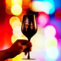 Crystal Winter Trees Black & Gold Stemmed Wine Glasses - Set Of 2 - Glass Colored Vibrant Black & Gold Etched Forest Tree Frosted Glass, Perfect For Parties Gifts For Him Her (14 OZ) -Refined Spirits Store T4060 2076stemmedgoldinsideblackoutsidesetof2