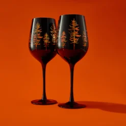 Crystal Winter Trees Black & Gold Stemmed Wine Glasses - Set Of 2 - Glass Colored Vibrant Black & Gold Etched Forest Tree Frosted Glass, Perfect For Parties Gifts For Him Her (14 OZ) -Refined Spirits Store T4060 2076stemmedgoldinsideblackoutsidesetof2lifestyle1 1