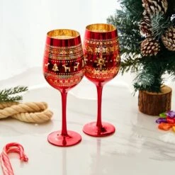 Crystal Christmas Tree Wine & Water Glasses - Set Of 2 - Holiday Themed Red & Gold Etched Winter Snow Wonderland Frosted Glass, Perfect Seasonal Parties, Gifts Him & Her Trees Décor - Stemmed Tree -Refined Spirits Store T4060 2077 stemmed wine glass red outside gold inside set of 2 2
