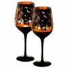 Crystal Halloween Stemmed Wine Glasses - Set Of 2 - Themed Vibrant Black & Gold Etched Spooky Graveyard Pattern Frosted Glass, Perfect For Themed Gothic Parties Trick Or Treat Gift For Him Her (14 OZ)