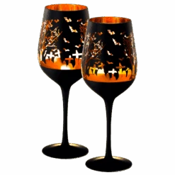 Crystal Halloween Stemmed Wine Glasses - Set Of 2 - Themed Vibrant Black & Gold Etched Spooky Graveyard Pattern Frosted Glass, Perfect For Themed Gothic Parties Trick Or Treat Gift For Him Her (14 OZ)