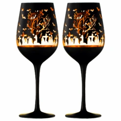 Crystal Halloween Stemmed Wine Glasses - Set Of 2 - Themed Vibrant Black & Gold Etched Spooky Graveyard Pattern Frosted Glass, Perfect For Themed Gothic Parties Trick Or Treat Gift For Him Her (14 OZ) -Refined Spirits Store T4060 3007 BlackandOrEtchedWineSTEMSetof2New2 1 1